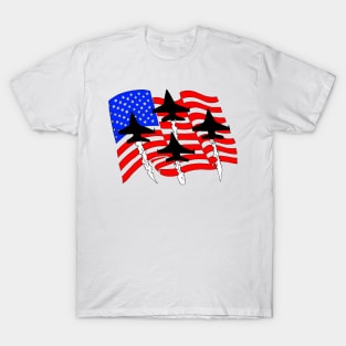 F16 Falcons flying over American Flag Ver 4 T-Shirt